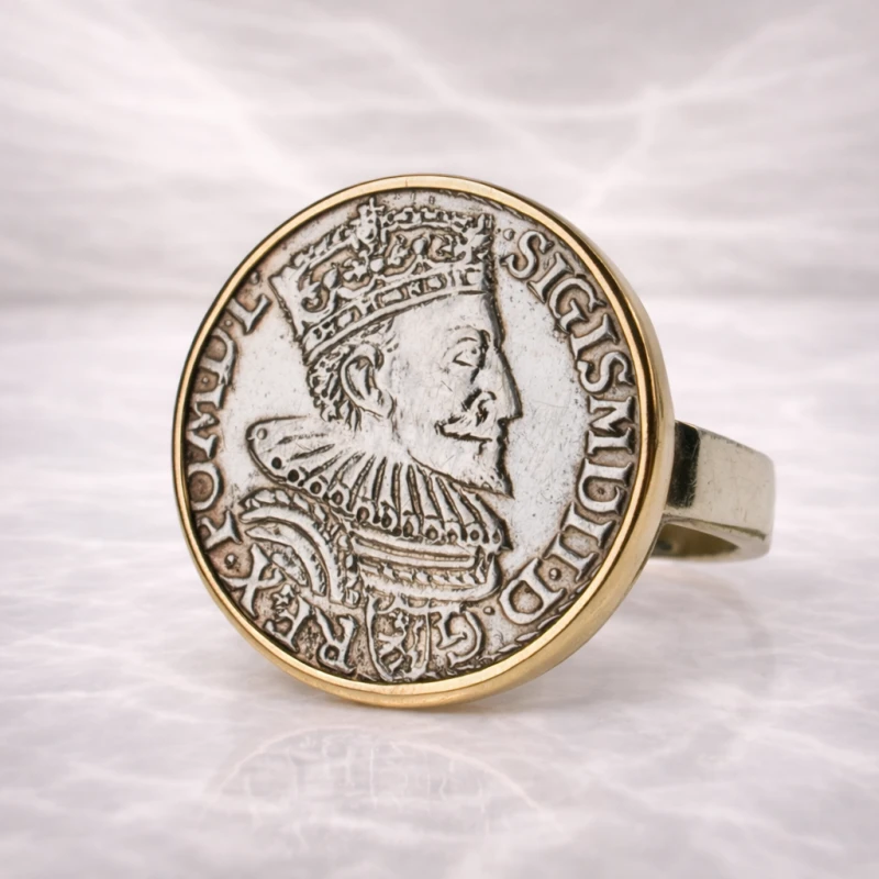 Złoty-pierścionek-z-historyczną-monetą-trojak-koronny-PECUNIA- FORGET-ME-NOT