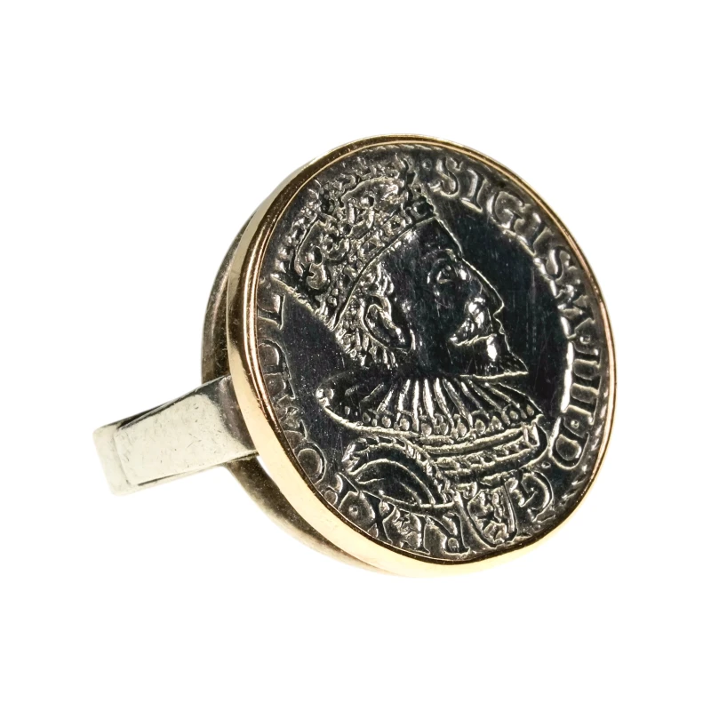 Złoty-pierścionek-z-historyczną-monetą-trojak-koronny-PECUNIA- FORGET-ME-NOT