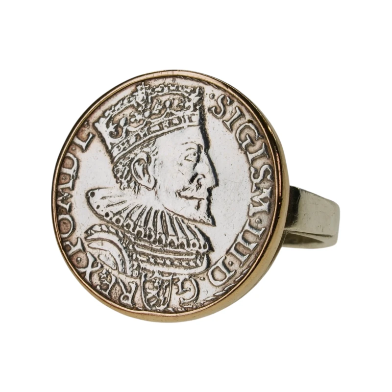 Złoty-pierścionek-z-historyczną-monetą-trojak-koronny-PECUNIA- FORGET-ME-NOT